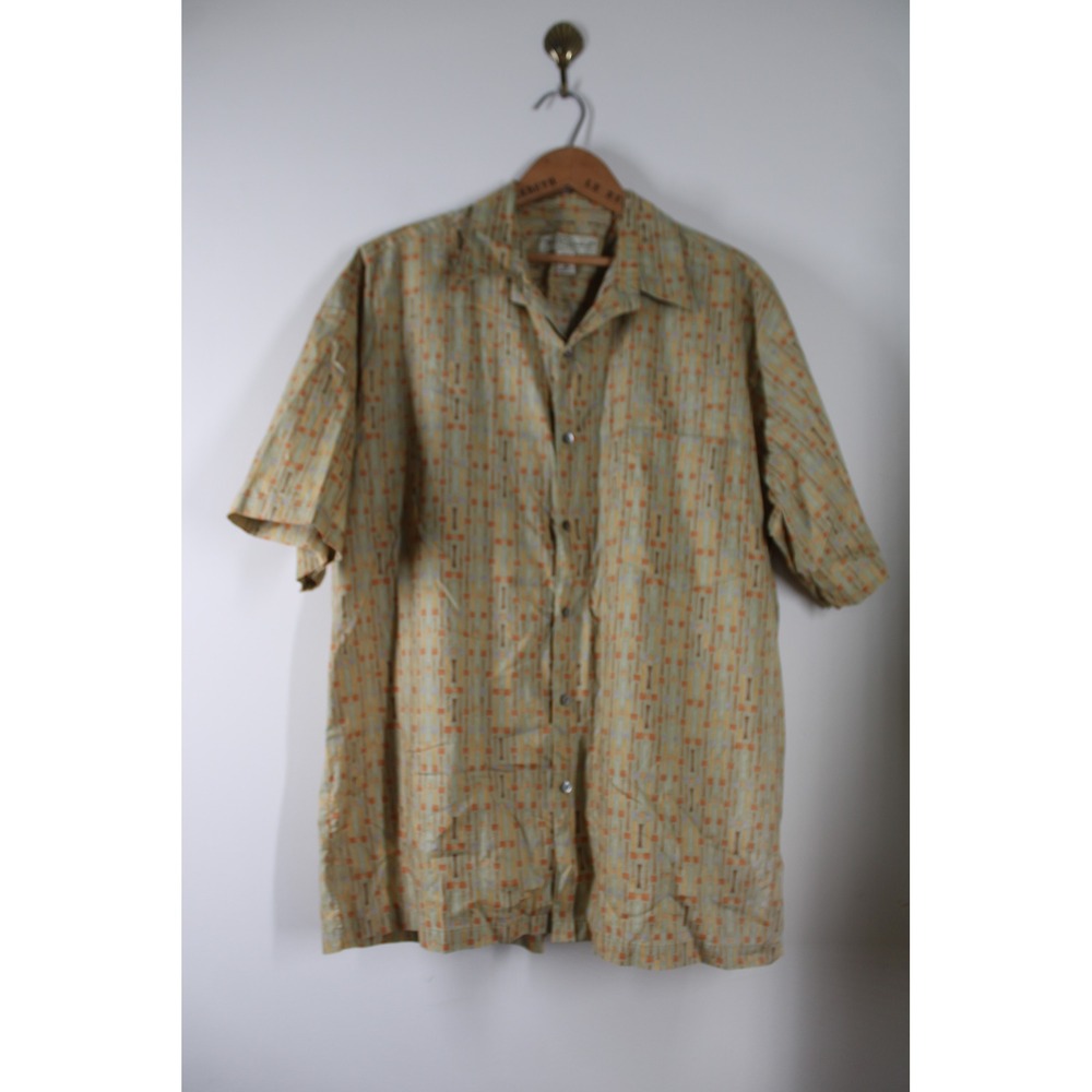 Tori Richard L Green Orange Geometric Cotton Lawn Short Sleeve Button Shirt USA